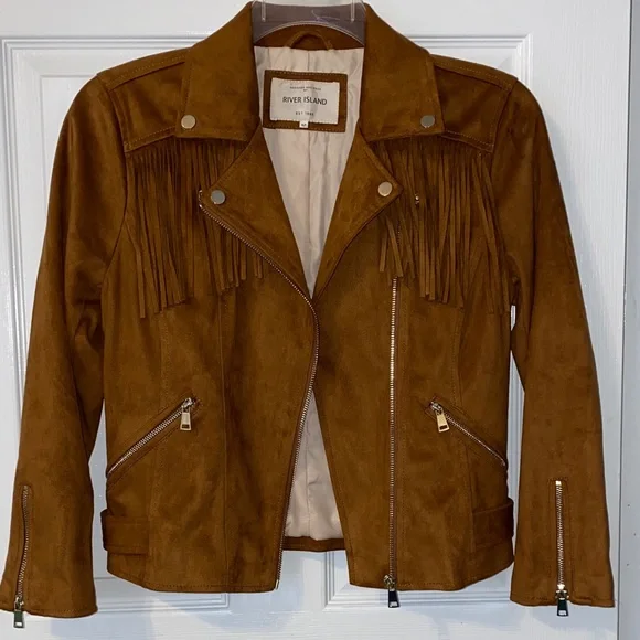 NWOT River Island Brown Fringe Moto Jacket - Picture 1 of 16